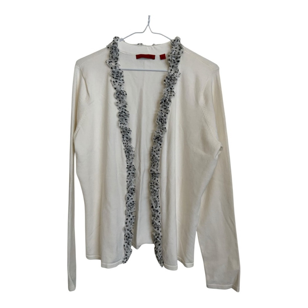 RED Brand White Cardigan with Black Ruffle Trim - Size Large